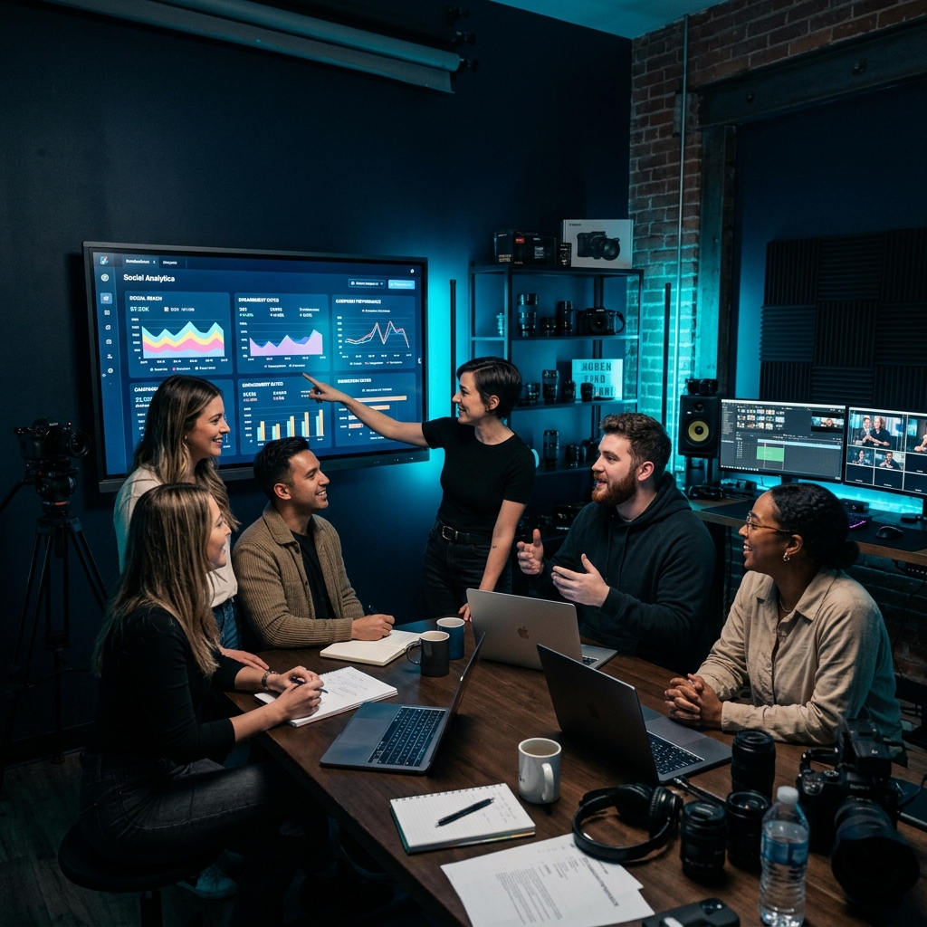 Creative team collaborating in modern dark-themed media studio